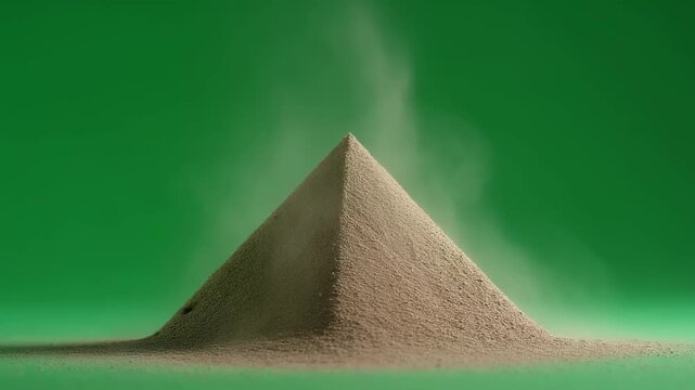 Artistic macro shot of kinetic sand pyramid deconstructed grains dispersing in slow fall while mold ascends isolated on bright green screen.