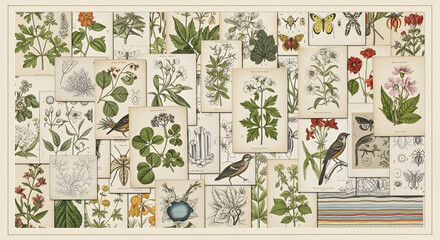 Botanical Collage: A meticulously crafted collage showcases a diverse collection of detailed botanical illustrations, blending artistic style.