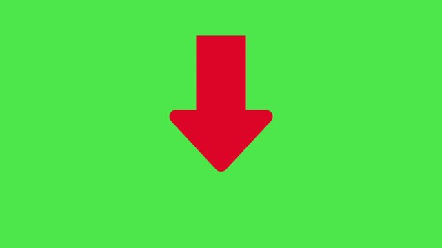 A simple animated bold red downward arrow icon on a vibrant green screen, indicating download or drop.