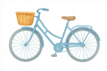 Blue watercolor bicycle featuring a front basket, capturing vintage style and embodying themes of hobby, travel, and spring