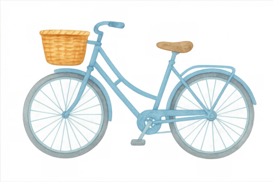 Blue watercolor bicycle featuring a front basket, capturing vintage style and embodying themes of hobby, travel, and spring