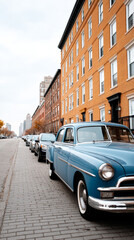 Vintage american urban scene with classic cars and historic brick buildings