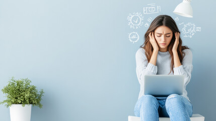 Anxiety and depression infographic with stressed woman holding laptop in modern setting