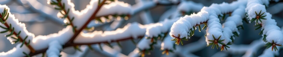Frosted pine branches laden with fresh snow, glistening in the winter sunlight, christmas tree, landscape