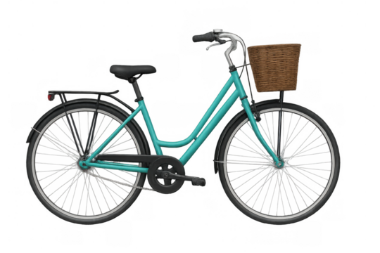 Teal vintage city bicycle with a wicker basket and rear rack on a transparent background, depicting sustainable transport