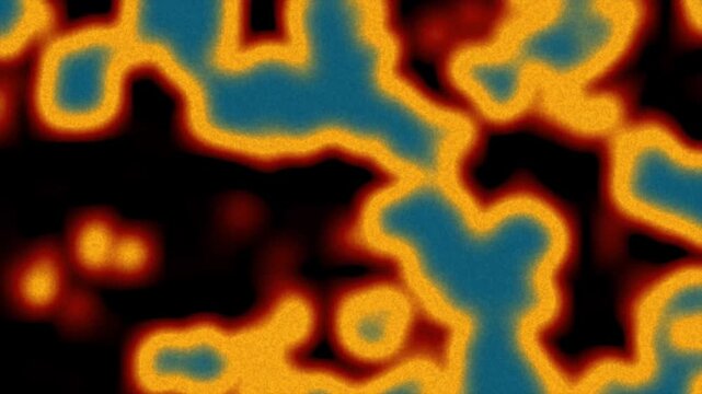 Abstract vibrant VHS style texture with glowing neon orange and blue shapes, retro analog distortion effect, soft grain gradient background perfect for vintage video art and nostalgic design themes.