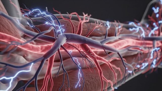 Human Anatomy Blood Vessels Nerves and Muscle Tissue Visualization.