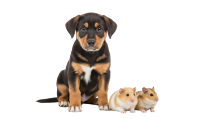 Adorable black and tan puppy sitting next to two small hamsters on white background, perfect for pet care and animal friendship themes