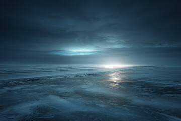 Fototapeta premium A surreal frozen pathway made of cracked ice blocks extending into the misty horizon, reflecting soft winter light — ideal for automotive, travel, or conceptual advertising backgrounds.