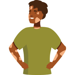 Smiling man with vitiligo skin condition wearing a green t-shirt standing with hands on hips...