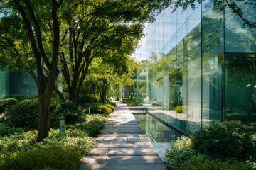 Obraz premium Contemporary glass building covered with lush vertical greenery under blue sky.