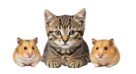 Adorable kitten sitting between two golden hamsters on white background, cute pets together perfect for animal-related content