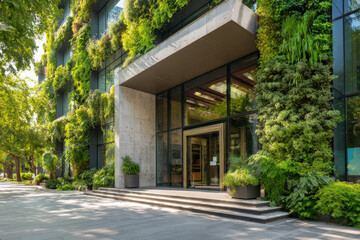 Contemporary glass building covered with lush vertical greenery under blue sky.