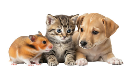 Obraz premium Adorable kitten, puppy, and hamster together isolated on white background, cute baby pets lying side by side, perfect for pet care and animal friendly content