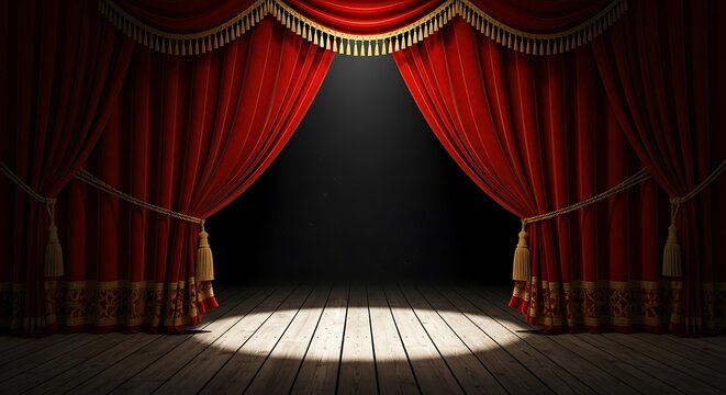 Solitary Spotlight on a Rustic Wooden Stage Framed by Ornate Red Velvet Curtains.