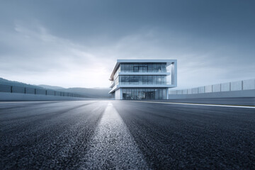 Obraz premium Minimalist three-story glass building standing at the end of a wet asphalt track, surrounded by misty hills under soft morning light.