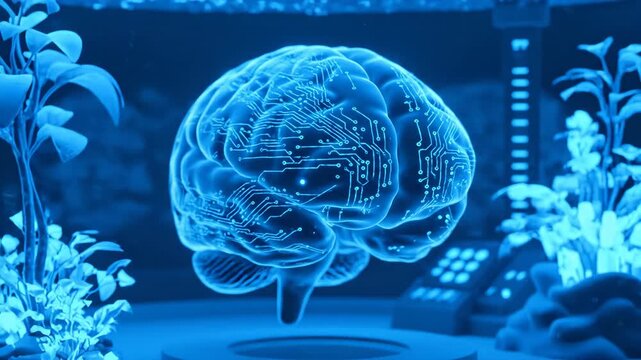 Bioluminescent brain with circuit patterns in futuristic glowing lab