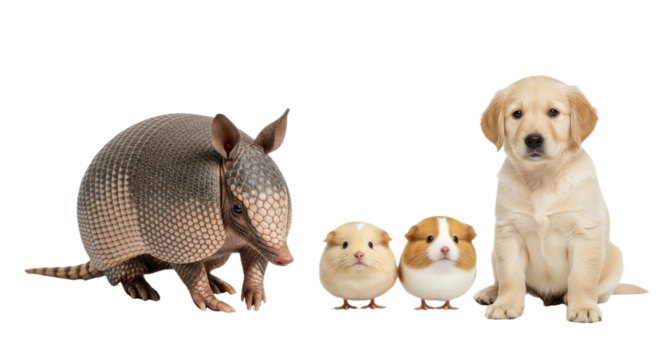 Armadillo, two hamsters, and golden retriever puppy isolated on white background, cute small animals together