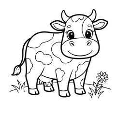 Naklejka premium Cute cartoon cow coloring book page. Black and white vector illustration for kids