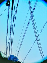 青空と電線の交差構図
