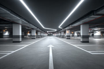 A sleek underground parking garage with clean symmetry and illuminated LED strips creating futuristic lines along the ceiling.