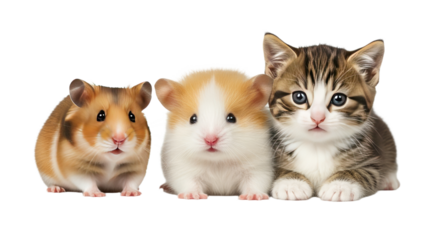 Close-up of a hamster, a guinea pig, and a kitten sitting side by side isolated on white background, perfect for pet care and animal companionship topics