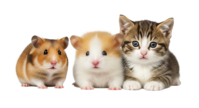 Close-up of a hamster, a guinea pig, and a kitten sitting side by side isolated on white background, perfect for pet care and animal companionship topics - Powered by Adobe