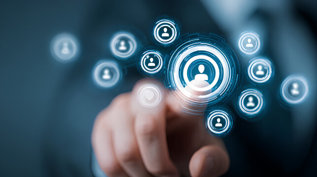 Target Audience and Digital Outreach Strategy Concept. Businessperson points at virtual interface with people icons and marketing symbols, representing audience targeting and global digital strategy. - Powered by Adobe