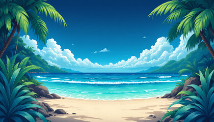 Naklejka premium Tropical Paradise Beach with Palm Trees and Ocean.