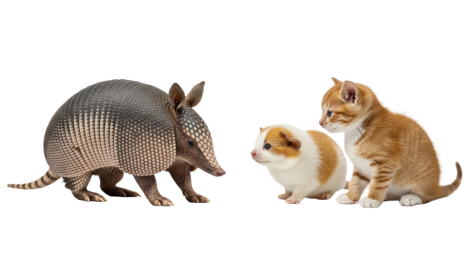 Curious armadillo, guinea pig, and orange tabby kitten interacting on white background, cute small animals meeting, perfect for pet care or wildlife content