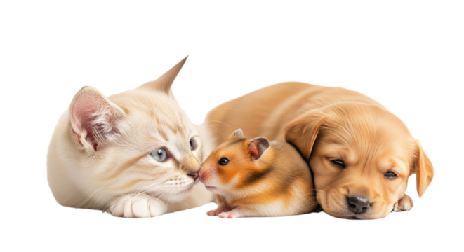 Curious kitten, hamster, and sleepy puppy together isolated on white, cute domestic pets, ideal for animal care and pet adoption visuals