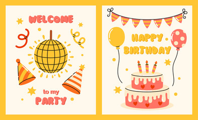 Set of cute birthday invitation cards. Flat vector illustration.