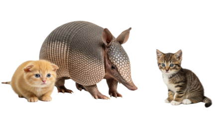 Cute armadillo between two kittens on white background, animal friendship concept, perfect for wildlife and pet themes