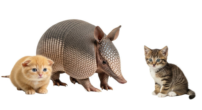 Cute armadillo between two kittens on white background, animal friendship concept, perfect for wildlife and pet themes