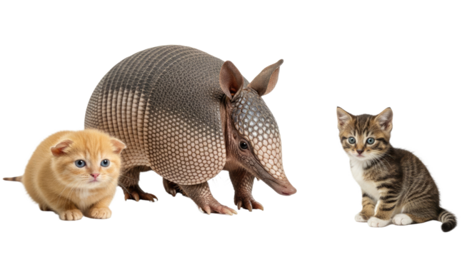 Cute armadillo between two kittens on white background, animal friendship concept, perfect for wildlife and pet themes
