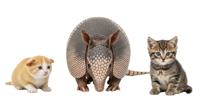 Cute armadillo sitting between an orange kitten and a tabby kitten isolated on white, perfect for pet and wildlife themes