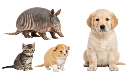 Cute armadillo, tabby kitten, golden retriever puppy, and small dog posing together on white background, perfect for pet and wildlife content