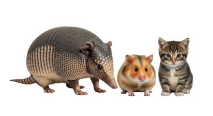 Cute armadillo, hamster, and kitten isolated on white background, adorable small animals perfect for pet care or wildlife education
