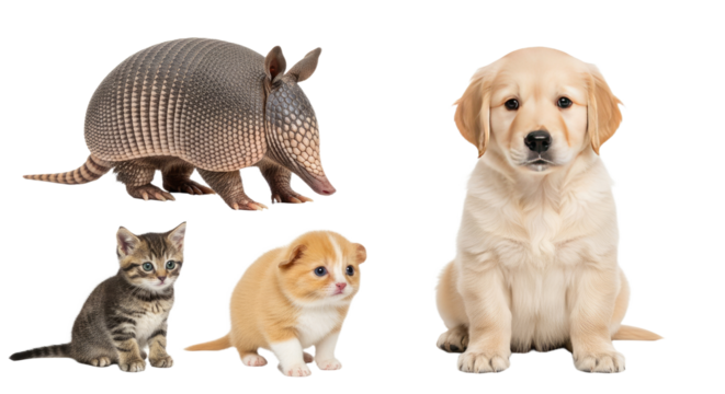 Cute armadillo, tabby kitten, golden retriever puppy, and small dog posing together on white background, perfect for pet and wildlife content