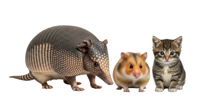 Cute armadillo, hamster, and kitten isolated on white background, adorable small animals perfect for pet care or wildlife education - Powered by Adobe