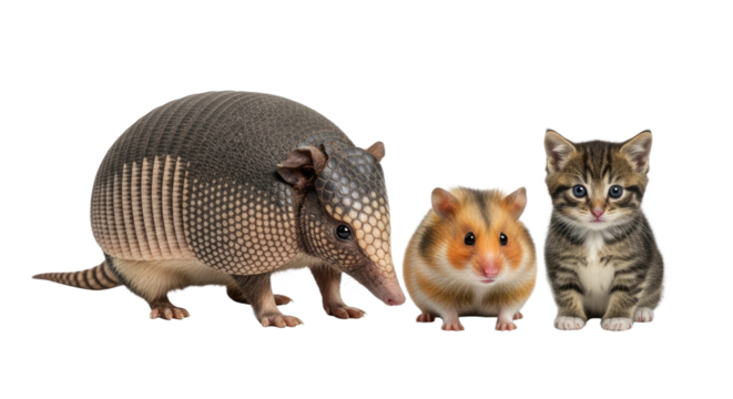 Cute armadillo, hamster, and kitten isolated on white background, adorable small animals perfect for pet care or wildlife education