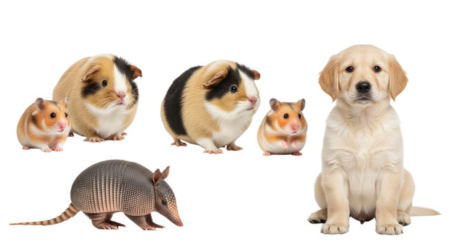 Cute assortment of pets including puppies, guinea pigs, hamsters, and an armadillo on a white background, perfect for pet care and animal lover themes - Powered by Adobe
