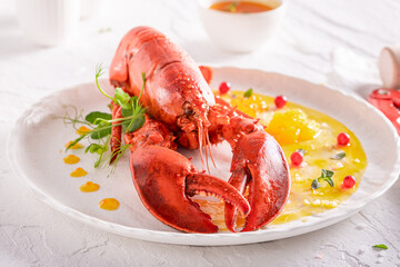 Elegant steamed lobster as high-quality food in sophisticated restaurant.