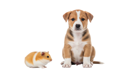 Cute brown and white puppy sitting next to a small hamster on white background, perfect for pet care and animal lover content