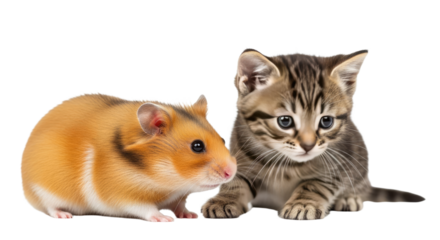 Cute brown and white hamster with a tabby kitten sitting together on white background, perfect for pet and animal themes