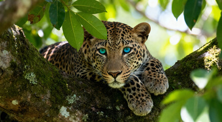 A horizontal, color image of a leopard, Panthera pardus, resting in a tree with its amber eyes open in the Timbavati Game Reserve, South Africa.