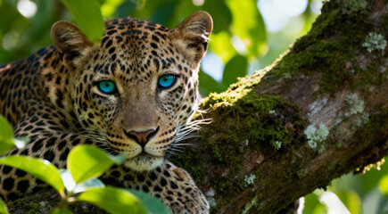 A horizontal, color image of a leopard, Panthera pardus, resting in a tree with its amber eyes open in the Timbavati Game Reserve, South Africa. © Arham Ahmed