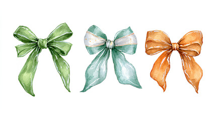 Watercolor set with cute hand painting bows green, white and orange colors, decorative design elements in rustic style, indian symbol, delicate print for your cards, frames or posters. 
