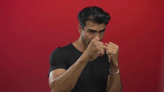 Hispanic man wearing black shirt with visible sweat clenches fists toward camera in studio; determination.