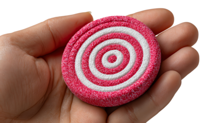 Concentric Candy in Hand: An eye-level shot captures a hand cradling a round, spiral-patterned candy, featuring alternating pink and white concentric circles.